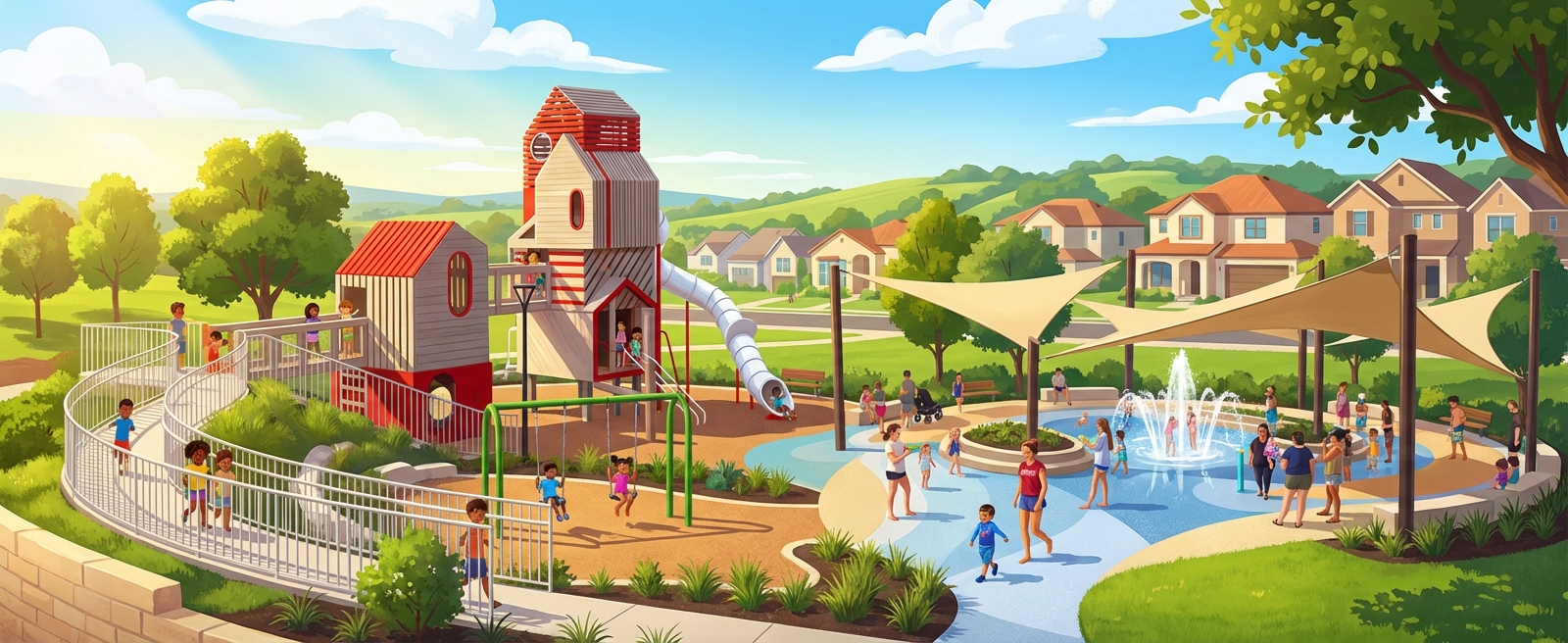 Easton Park - Kids playing at Skyline Park playground and splash pad